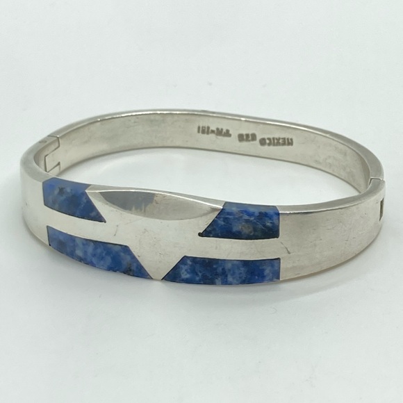 Vtg Taxco 925 Sterling Silver Lapis Pinch Bracelet TM-181 | 7” C | 1.9” D | 51g - Picture 6 of 13